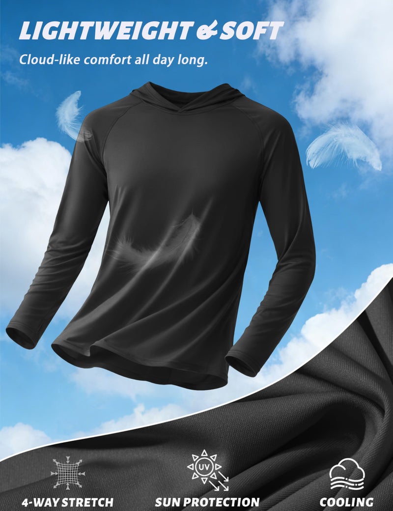 KEFITEVD Sun Protection Shirts for Men with Hood SPF Hoodie Fishing Hiking Shirts Long Sleeve Rash Guard UV UPF 50+ Shirt Black - Image 5